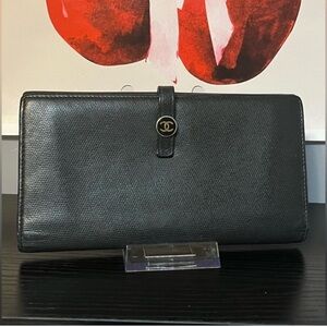Authentic CHANEL CC Black Leather Long Snap Bifold Wallet W/ Serial Card
